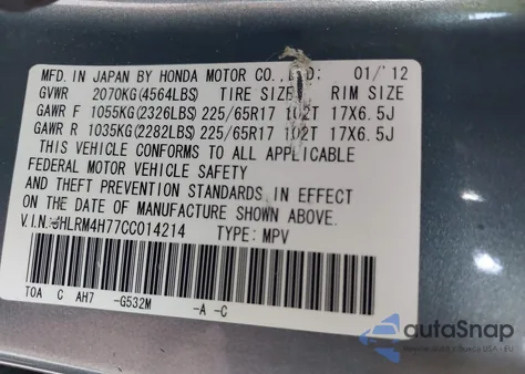 2012 Honda Cr-V Ex-L from USA, damaged, VIN JHLRM4H77CC014214